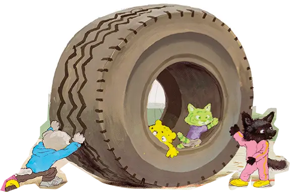 Die Kinder aus dem Buch rollen einen Reifen
